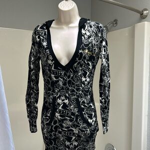 Ed Hardy long sweater with front pocket and hood. Embellishment.